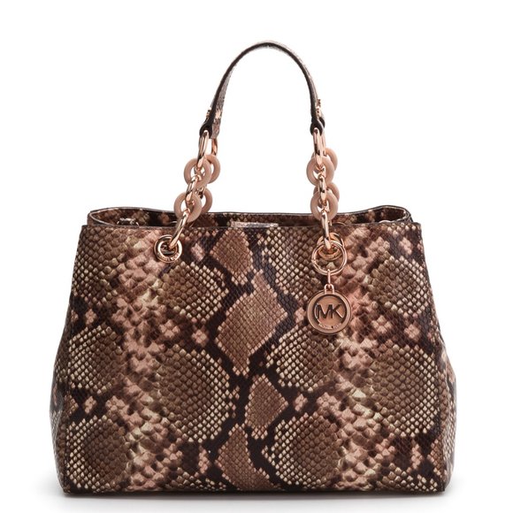 MICHAEL KORS Cynthia Medium Brown Python Embossed Leather Shoulder Bag Purse New